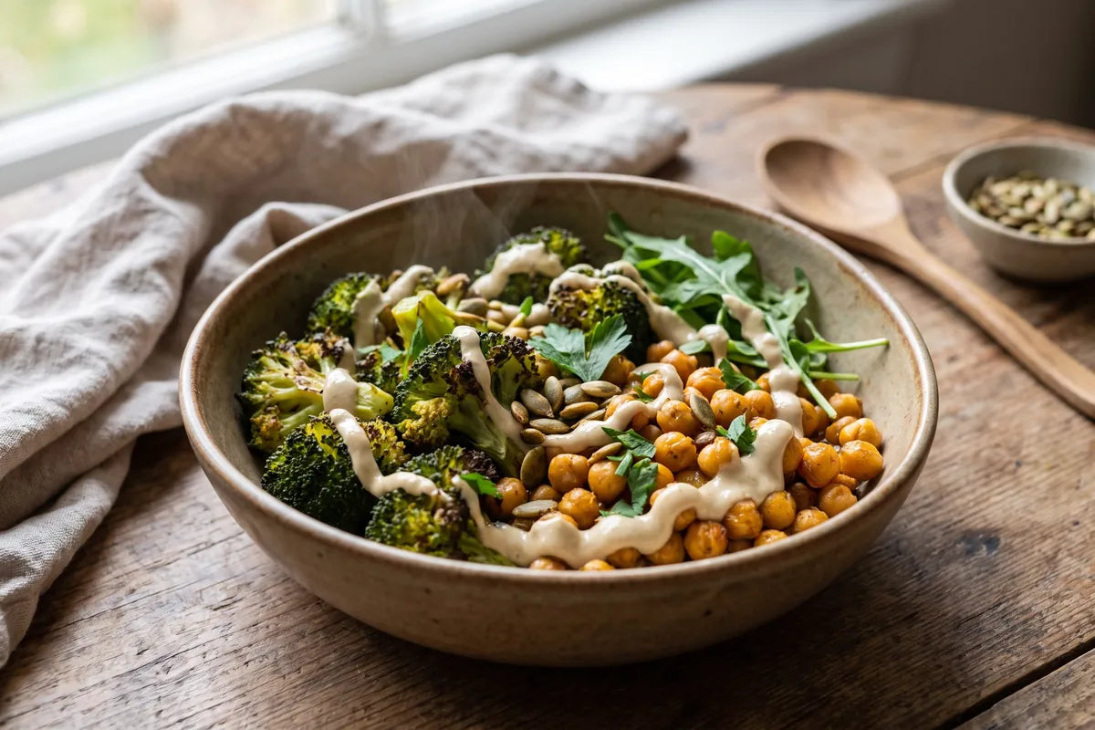 Warm bowl of roasted broccoli and crisp chickpeas over rocket with a lemon-tahini dressing