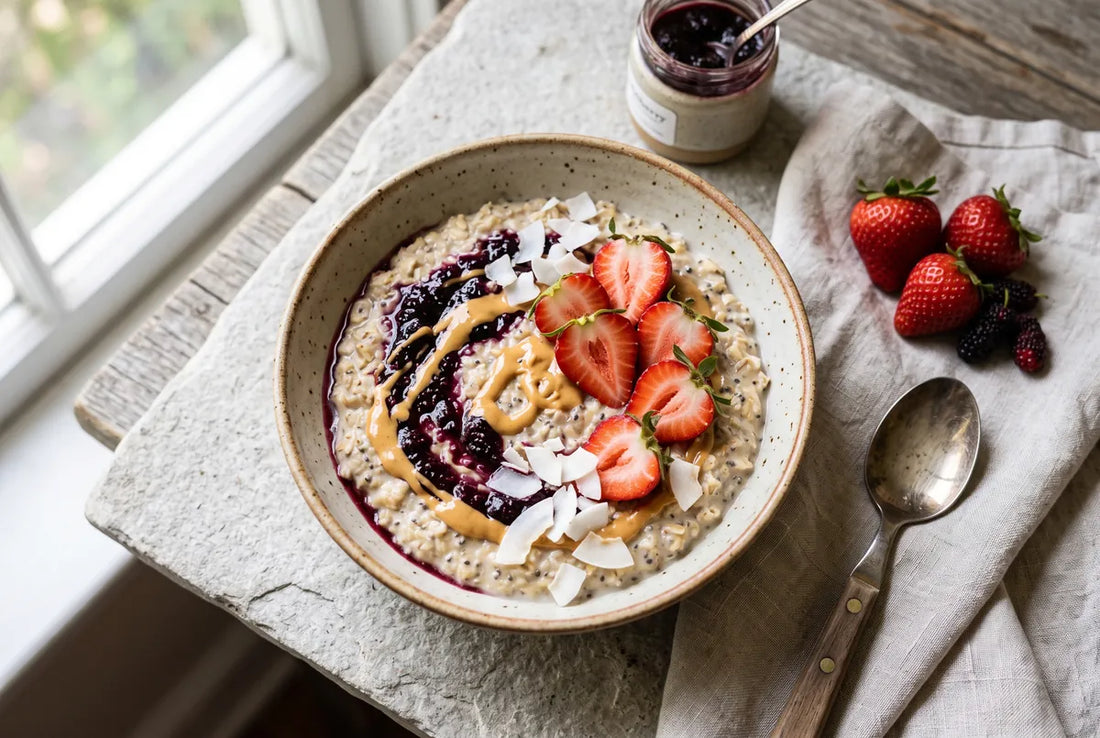 Creamy oats in almond milk with banana, mulberry jam, peanut butter and strawberries.
