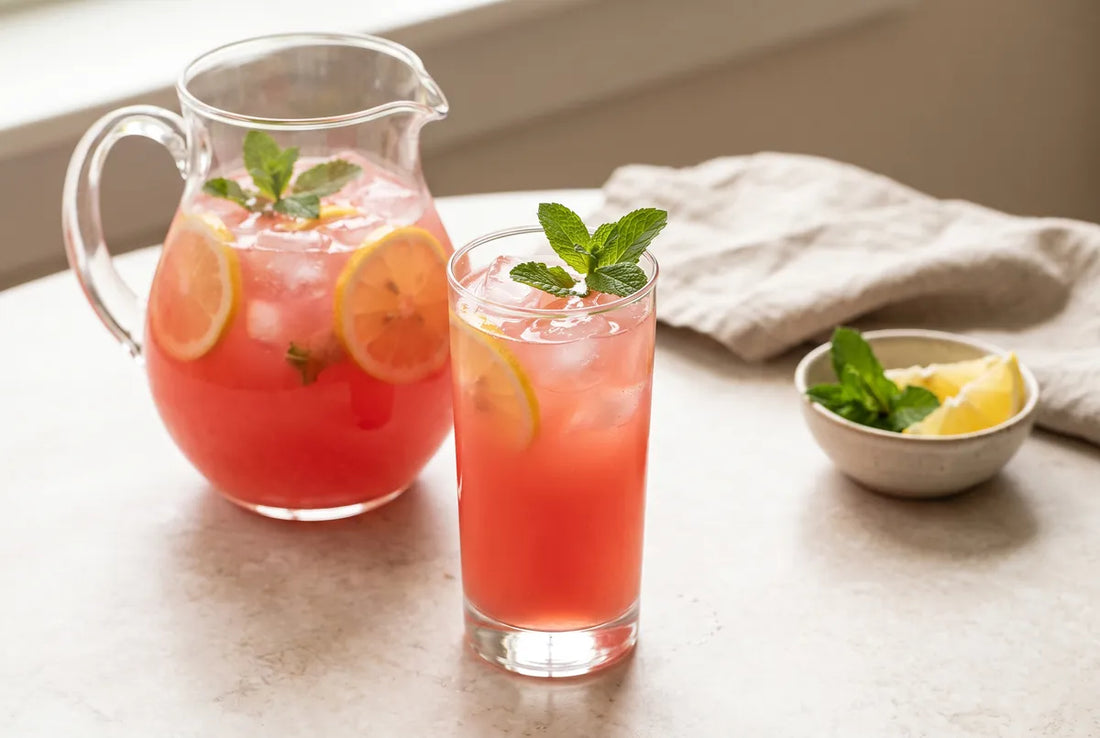 Watermelon lemonade with fresh mint and ice in a tall glass.