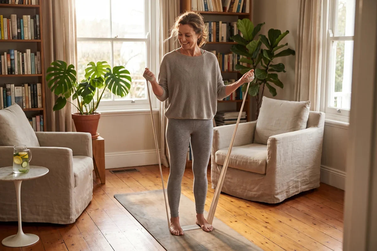 A confident woman around 50 doing a resistance-band strength move in a bright, plant-filled living room.
