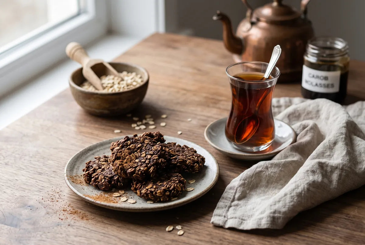 Wholesome oat cakes sweetened with carob molasses, served with winter tea.
