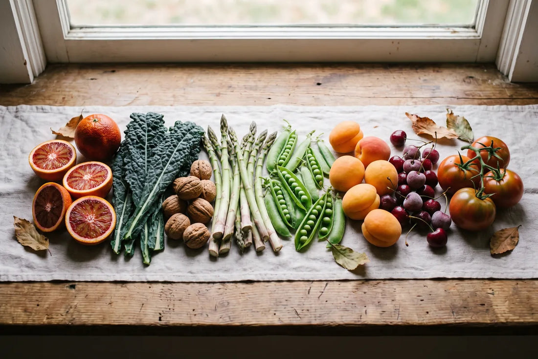 Seasonal produce arranged in a gradient from winter citrus and kale to summer cherries and tomatoes on linen