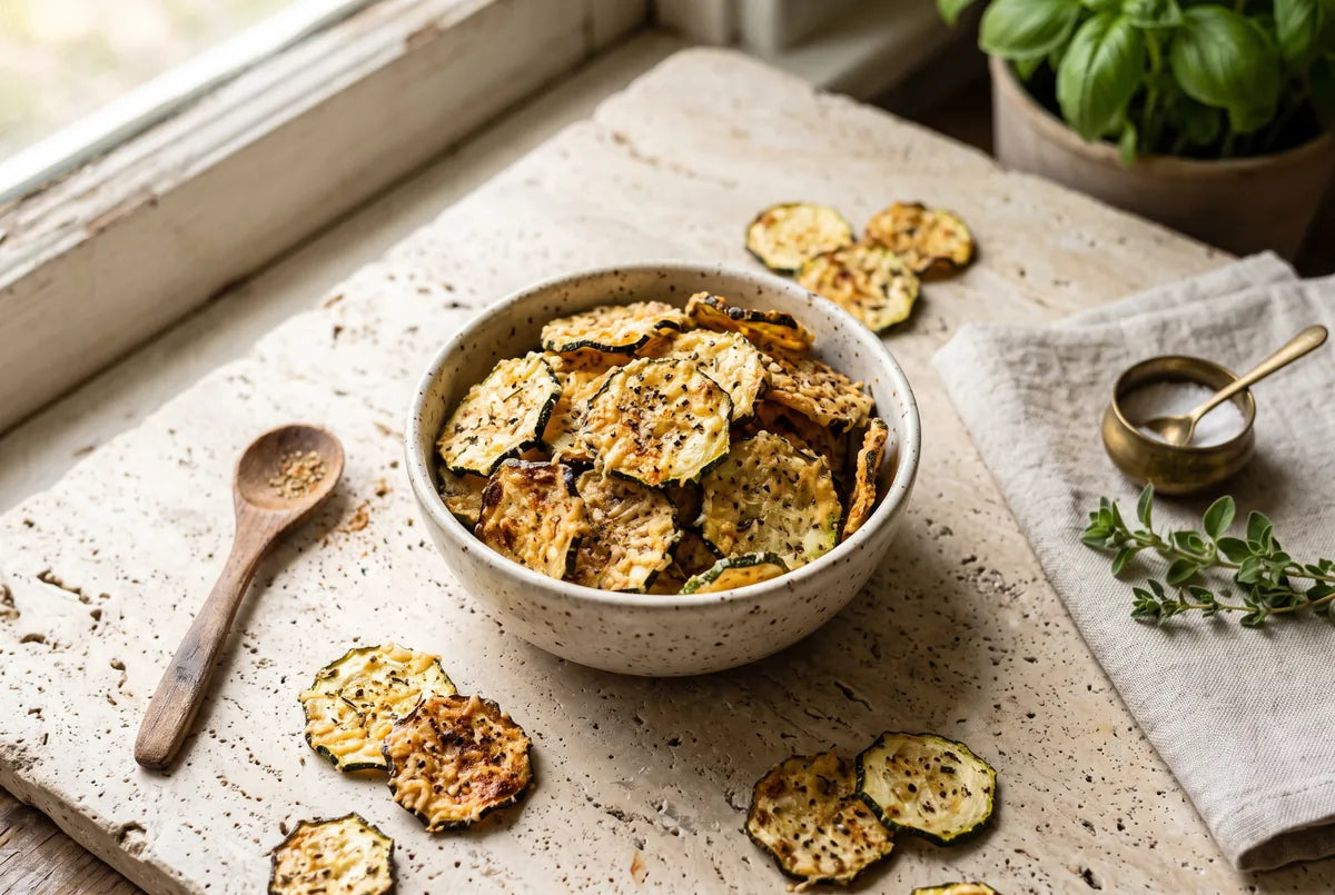 Crisp baked zucchini chips coated in parmesan and spices.