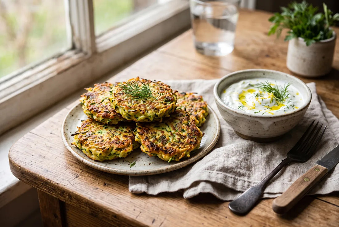Light savoury zucchini fritters served with a yogurt dip.