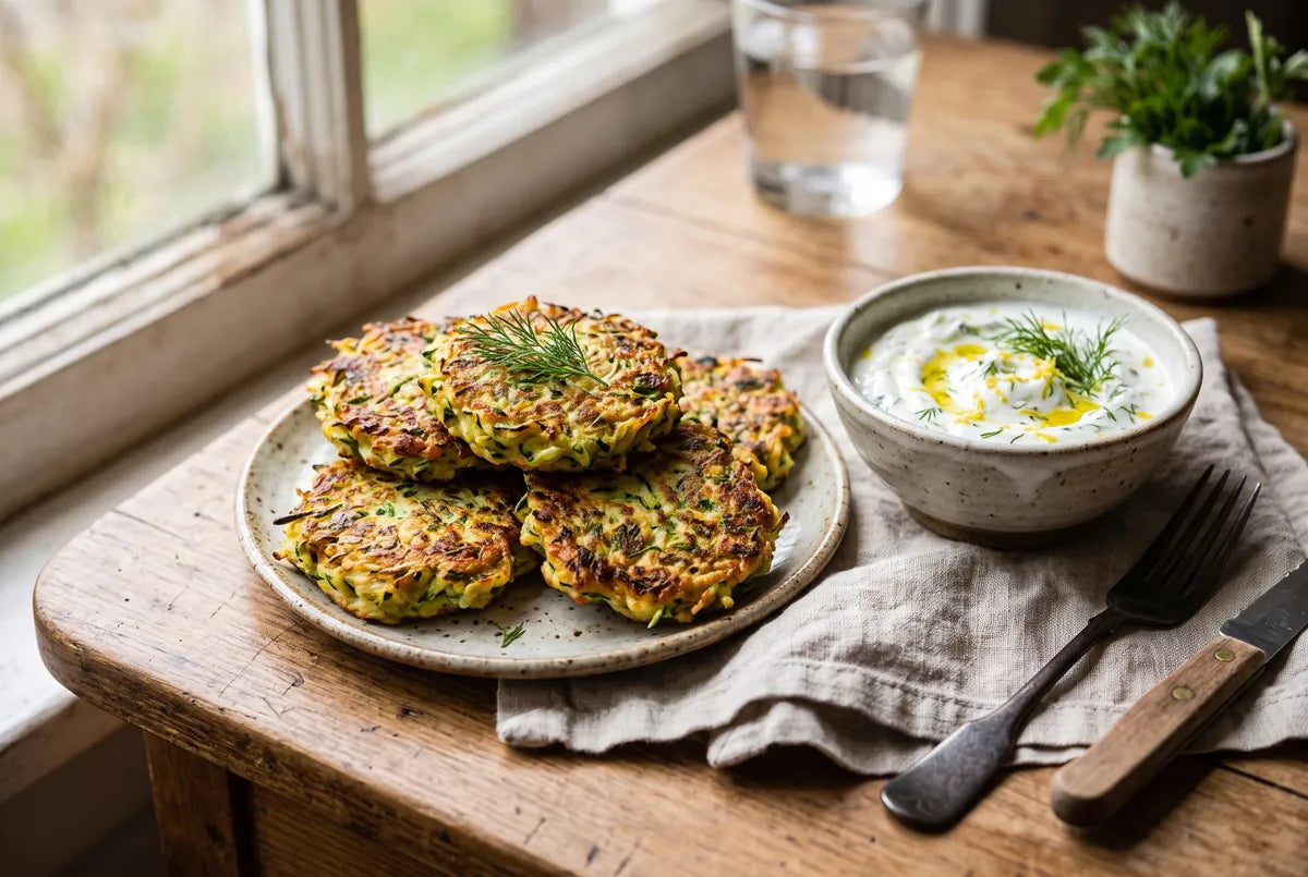 Light savoury zucchini fritters served with a yogurt dip.