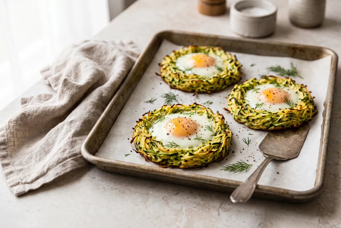 Baked spiralized zucchini nests with an egg in the middle, served with avocado.