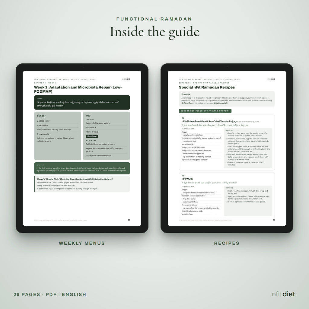 Week 1 menu and recipe pages from the Functional Ramadan guide on tablets