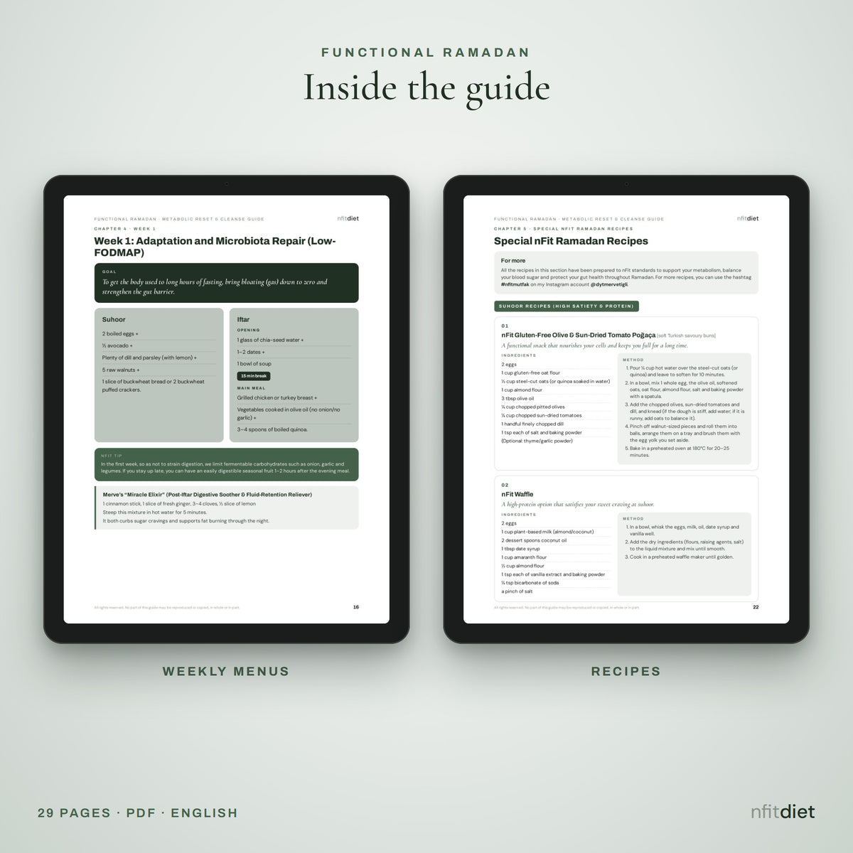 Week 1 menu and recipe pages from the Functional Ramadan guide on tablets