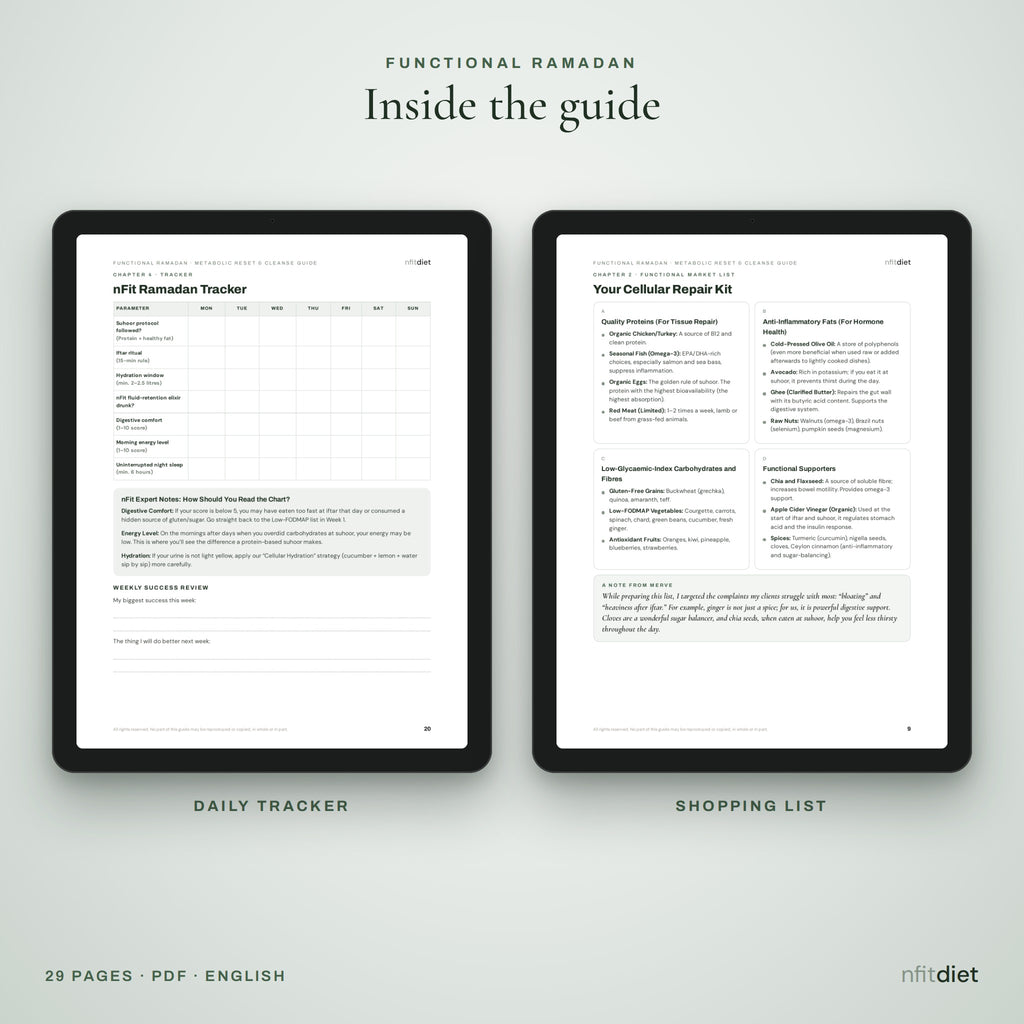 Ramadan daily tracker and shopping list pages on tablets