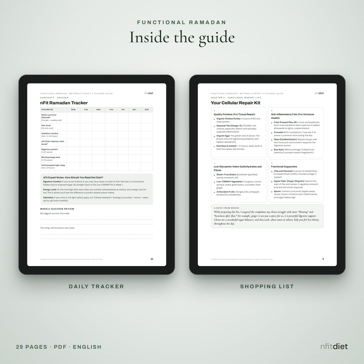 Ramadan daily tracker and shopping list pages on tablets